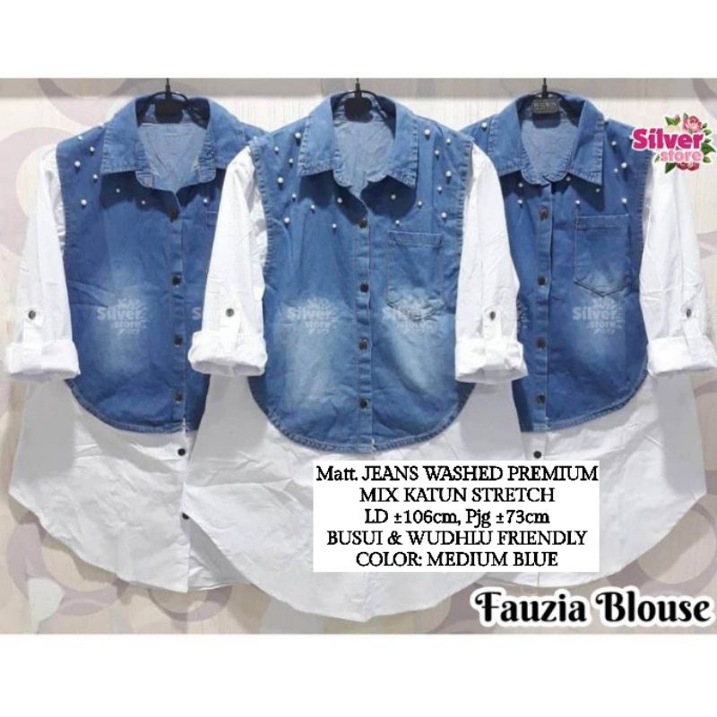 FAUZIA BLOUSE JEANS MUTIARA (LD ±106cm) / Blouse Wanita / Blouse Mutiara / Blouse Denim