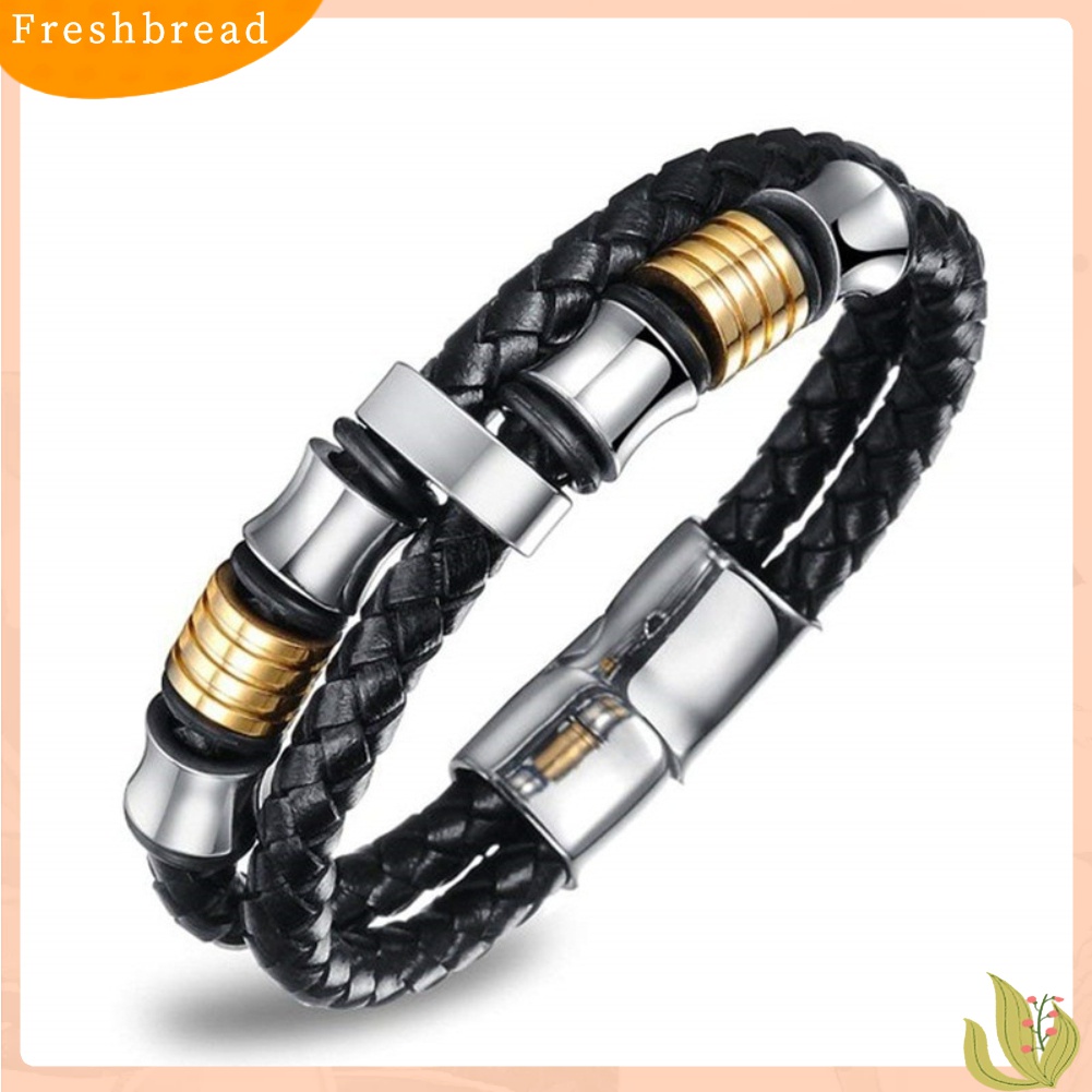 Terlaris Fashion Men Double Layer Faux Leather Braided Magnet Clasp Bead Bracelet Bangle