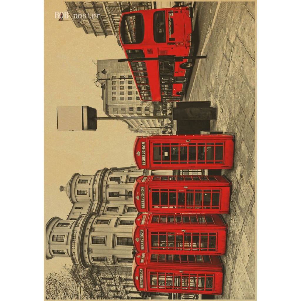 Poster Desain London Red Busses Dan Telepon Booths Gaya Retro Vintage Untuk Dekorasi Cafe Bar