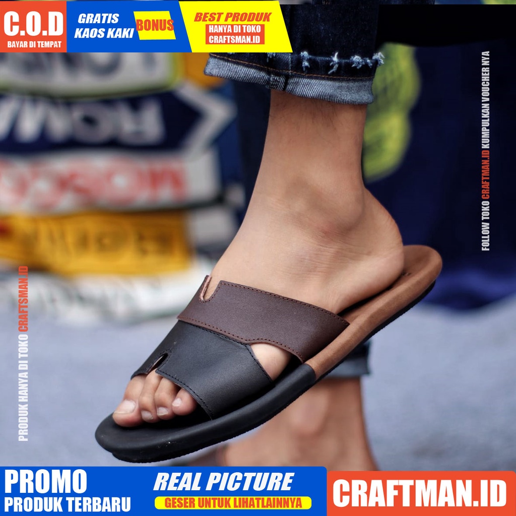 CRAFTS COMBI SANDAL KULIT PRIA BLACK BROWN SENDAL CASUAL PRIA