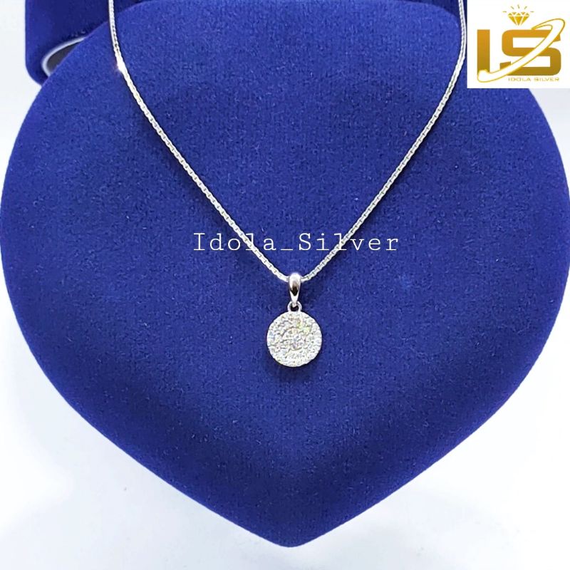 KALUNG PERAK ASLI SILVER WANITA 925 LAPIS EMAS PUTIH MODEL LIONTIN BULAT PERMATA FULL - PERHIASAN PERAK WANITA