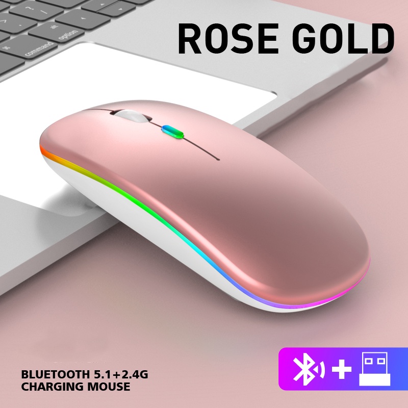 Bluetooth 5.1 + 2.4G Silent Wireless Mouse Rechargeable 1600 DPI RGB LED Backlit Isi Ulang Mouse Gaming-BT5.1+2.4G - Emas