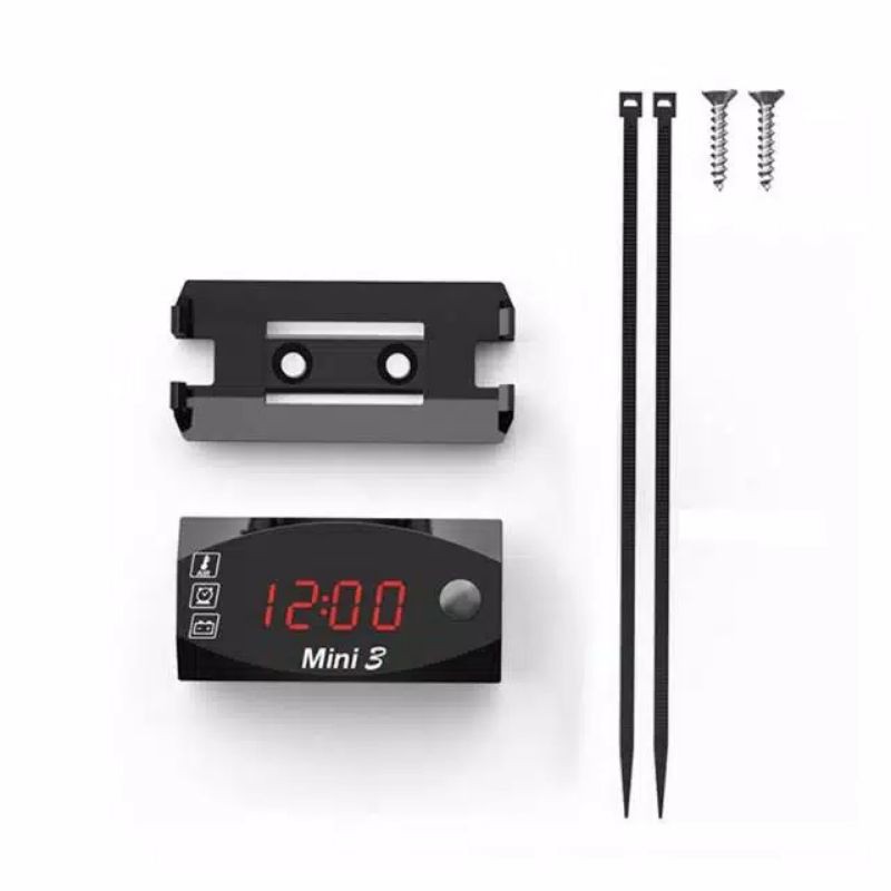 Volt Meter 3in1 Pengukur Amper Aki Temperature &amp; Jam Universal Motor Dan Mobil 12volt