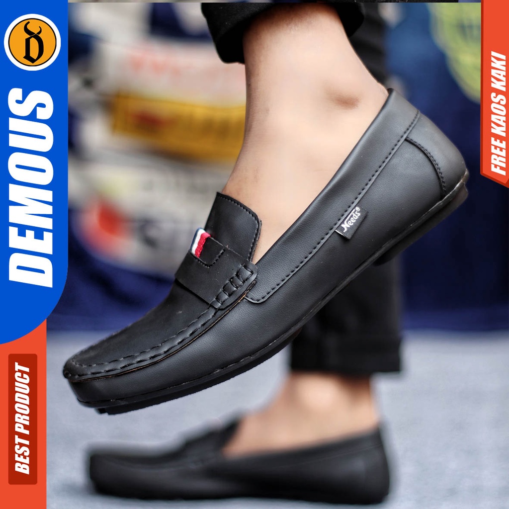 Demous Frans Sepatu Slip on Pria Santai Casual Formal Kulit Pu Kerja Hitam