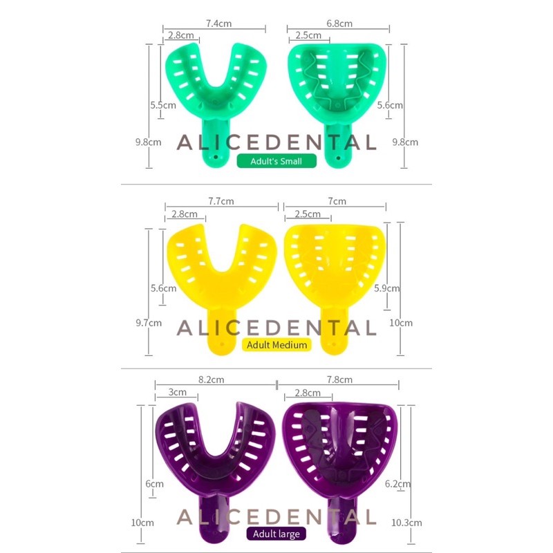 Alice dental // sendok cetak gigi palsu dewasa plastik s M L / impression tray bersudut