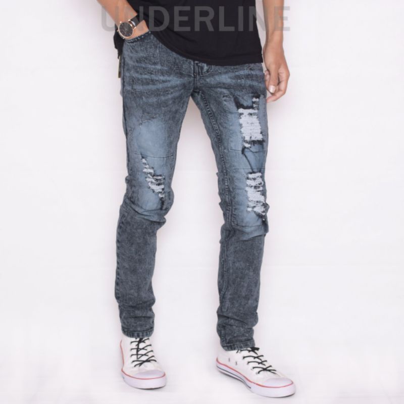 Celana jeans pria sobek furring tidak tembus , jeans denim sandwosh underline