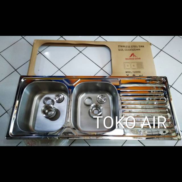 Sink 2 lubang+Sayap/ Bak cuci piring TecnoSink stainless steel kilap