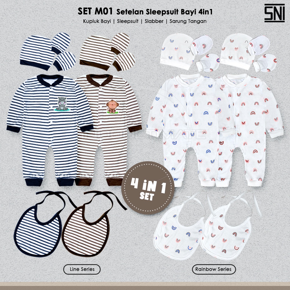 SNI 4in1 Paket Baju Bayi baru lahir Sleepsuit STK Piyama Jumper jumsuit tidur bayi SET-M01 Hampers hamper kado lahiran Sleber Slaber bib sarung tangan kaki kaos kaki bayi baru lahir newborn laki-laki perempuan 0-3 0-6 bulan kaki buka tutup