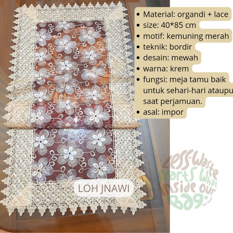 Taplak Meja Tamu Bordir Transparan Organdi 40x100 cm Mewah Premium Impor