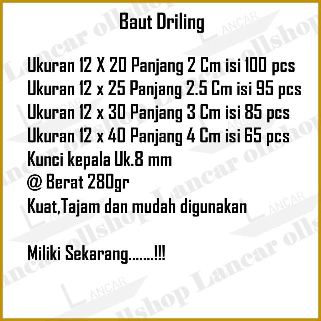 Baut Sekrup Skrup Baja Ringan Roofing Galvalum Driling Murah