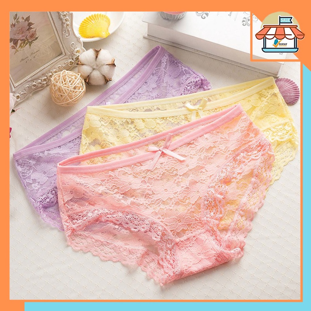 RSB CD098 CD Brukat Women Bunga Panties Wanita Celana Pakaian Sexy Polos Lace Flower