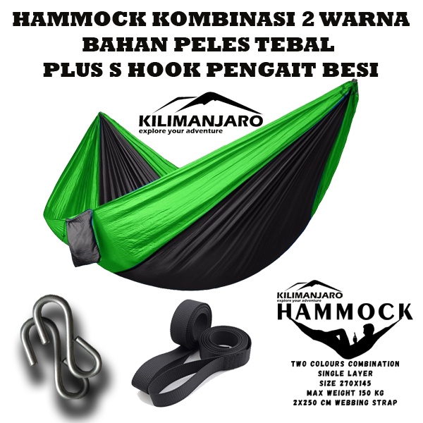 Hammock Kilimanjaro kombinasi 2 warna + S HOOK PENGAIT + Ayunan Camping Gunung