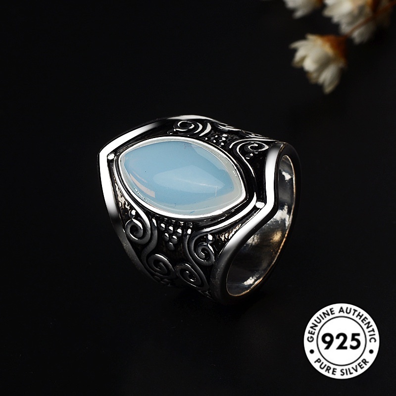 Cincin Batu Bulan Marcasite Bahan S925 Silver Gaya Retro