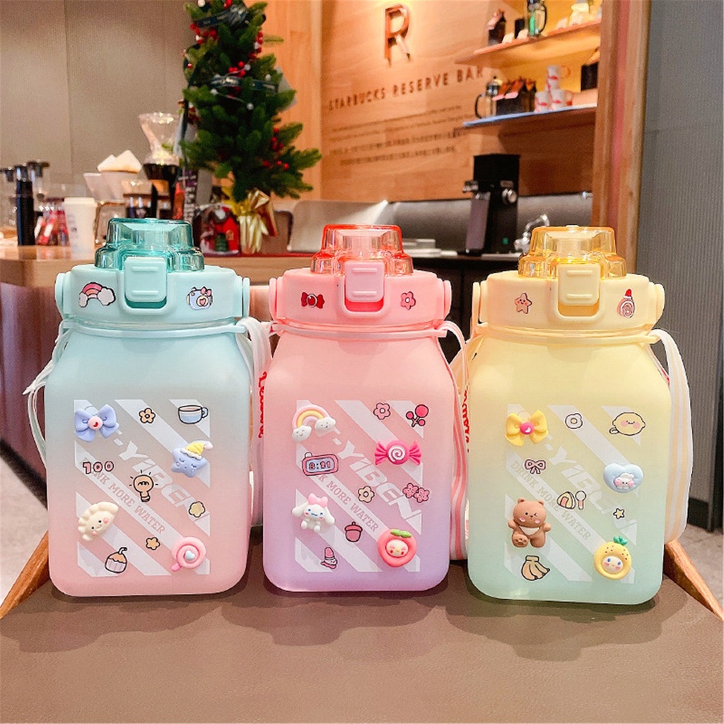 TOKO21GROSIR--BOTOL MINUM ANAK GEMOY KOTAK 3D VIRAL MURAH WARNA GRADASI PASTEL 1.3 LITER  2D &amp; 3D STICKER BOTOL MINUM ANAK TALI PANJANG