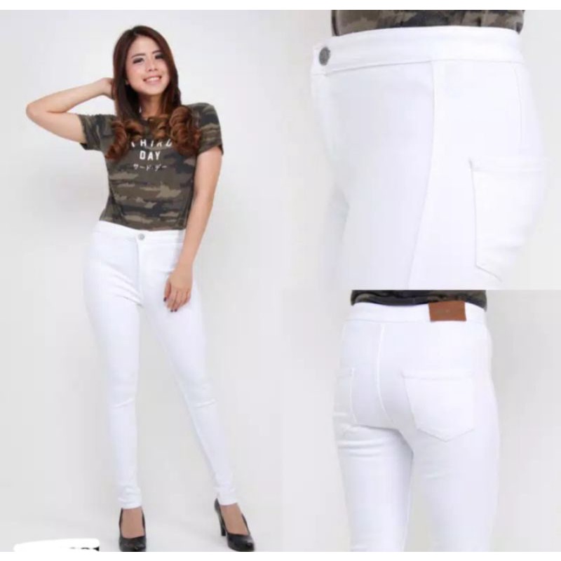 Celana Jeans Putih Jumbo Highwaist Cewek HW White Skinny Wanita Murah Stretch Big Size 27-34 ONKJAYA