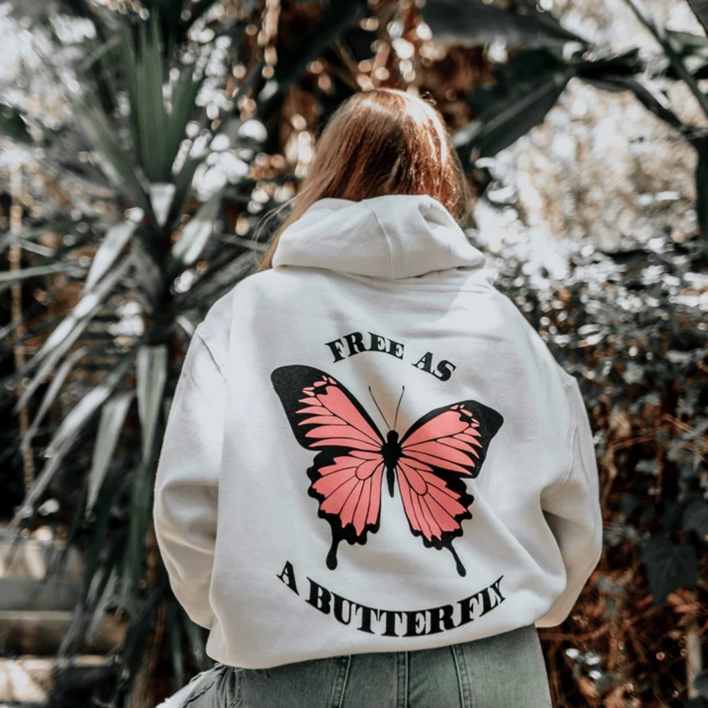 Hoodie Wanita Gambar Butterfly Depan Belakang Oversize Korean Style Sweater Murah Tebal Xxl Kekinian-White