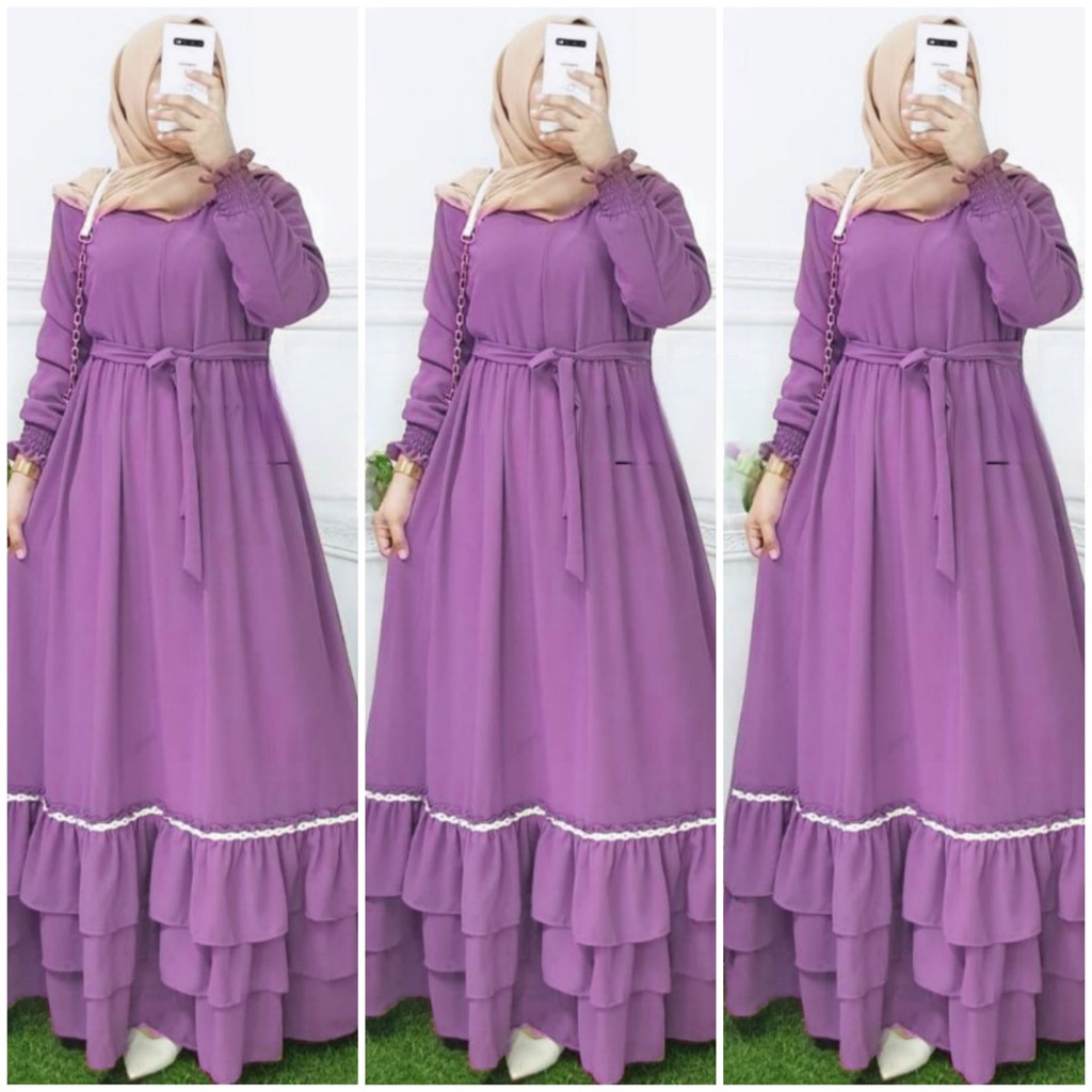 amelia maxi ceruty bebydoll renda susun /gamis syarii ceruty bebydoll motif/ gamis  fashion muslim terbaru