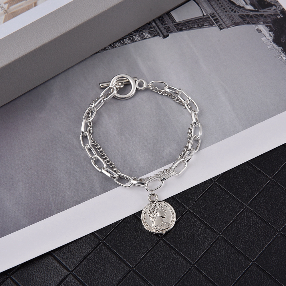 Punk Bangle Classic Hip Hop Harajuku Thick Chain Thin Double Pendant Link Round Bracelet  Jewelry