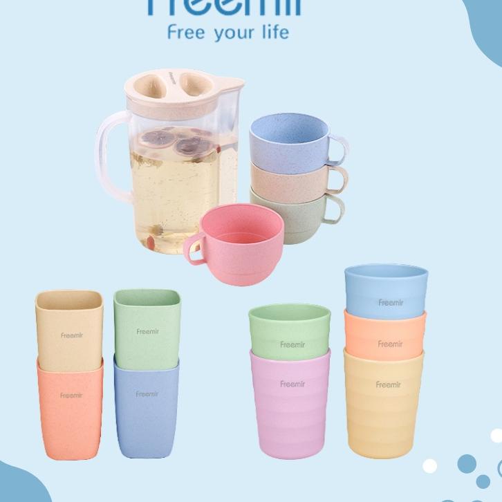 (HARGA BERSAHABAT) freemir Gelas Set Isi 4 / 5 Pcs Teko Set Cangkir Plastik Wheat Straw Food Grade T