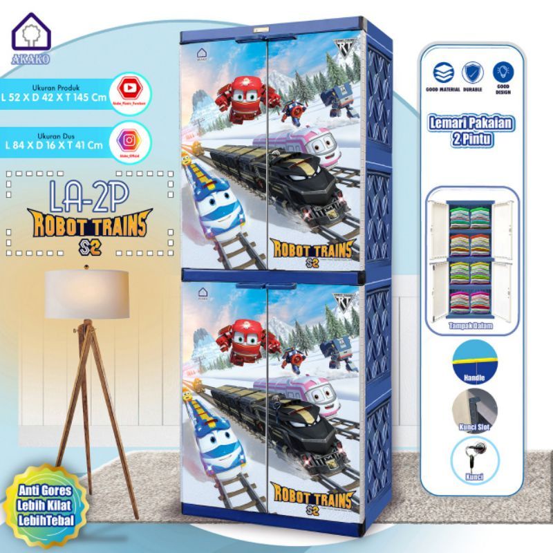 AKAKO - Lemari anak Plastik 2 pintu Motif printing Tayo, Robot, Lemari Pakaian Plastik Anak Cewek, L