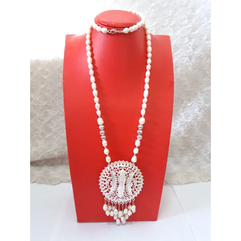 BERSERTIFIKAT KALUNG RENTENGAN FULL MUTIARA ASLI AIR TAWAR LOMBOK PERHIASAN CEWEK KANTOR JILBAB UNIK