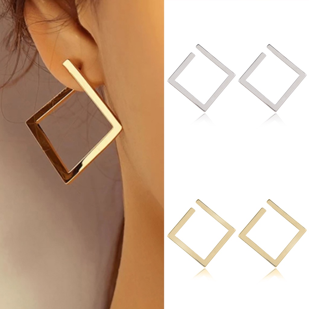 Hu Hu Hu Hu Hu Alat Bantu Pasang Kacamata♡ 1 Pasang Anting Stud Bentuk Persegi Geometris Model Terbuka Bahan Alloy Untuk Wanita