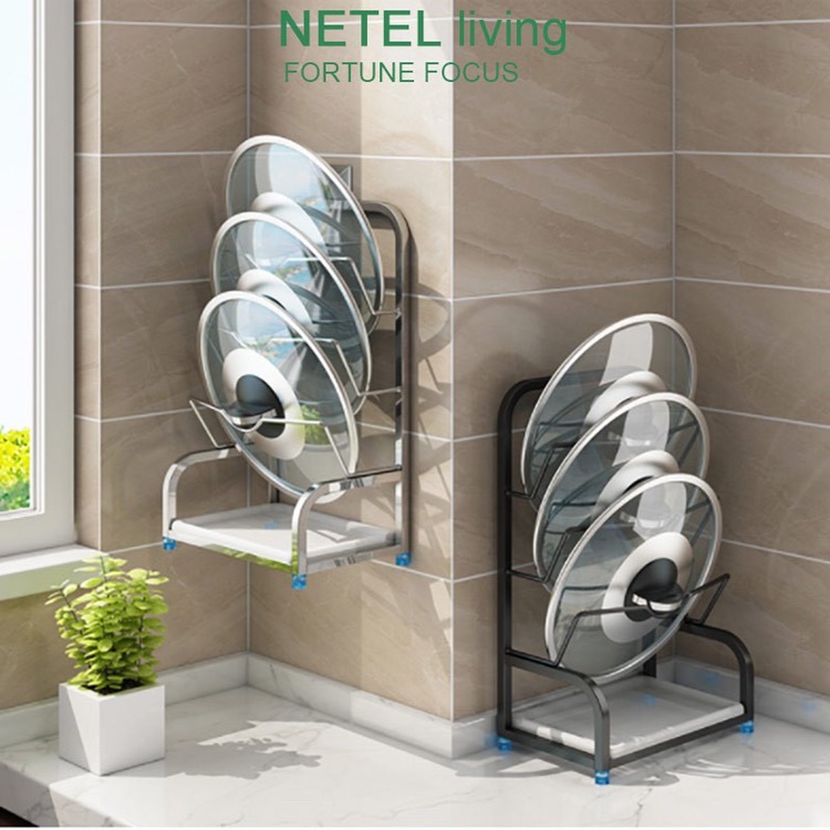 Netel 3 Tier Kitchenware Pot Tutup Rak Penyimpanan Dapur Besi Tahan Karat Perak / Hitam