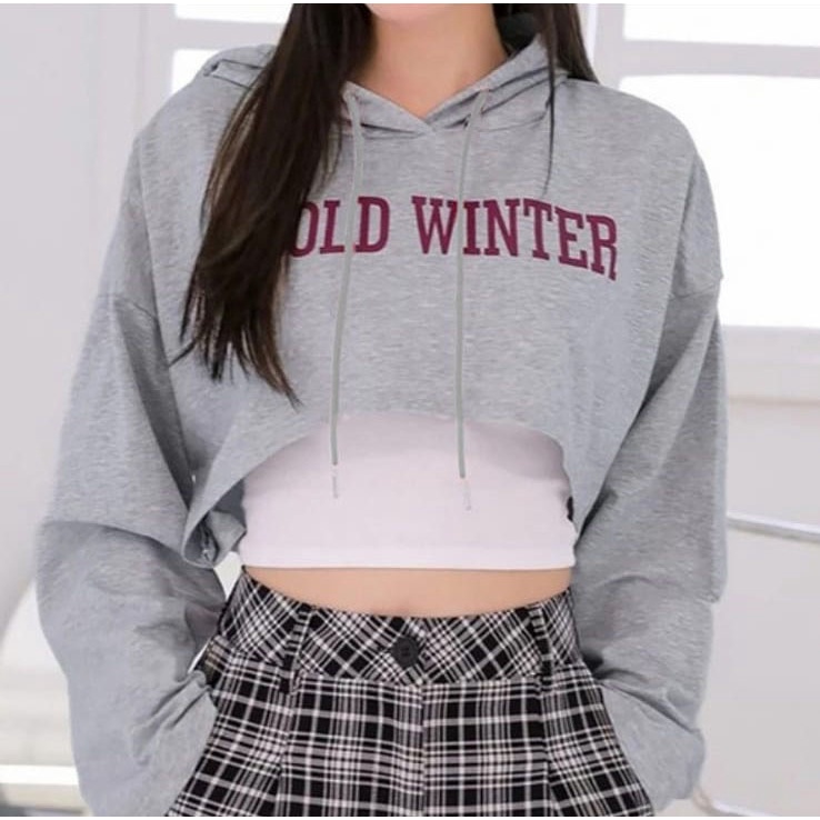 HOODIE Crop Cold Winter-atasan wanita-bahan fleece-atasan crop-hoodie korea