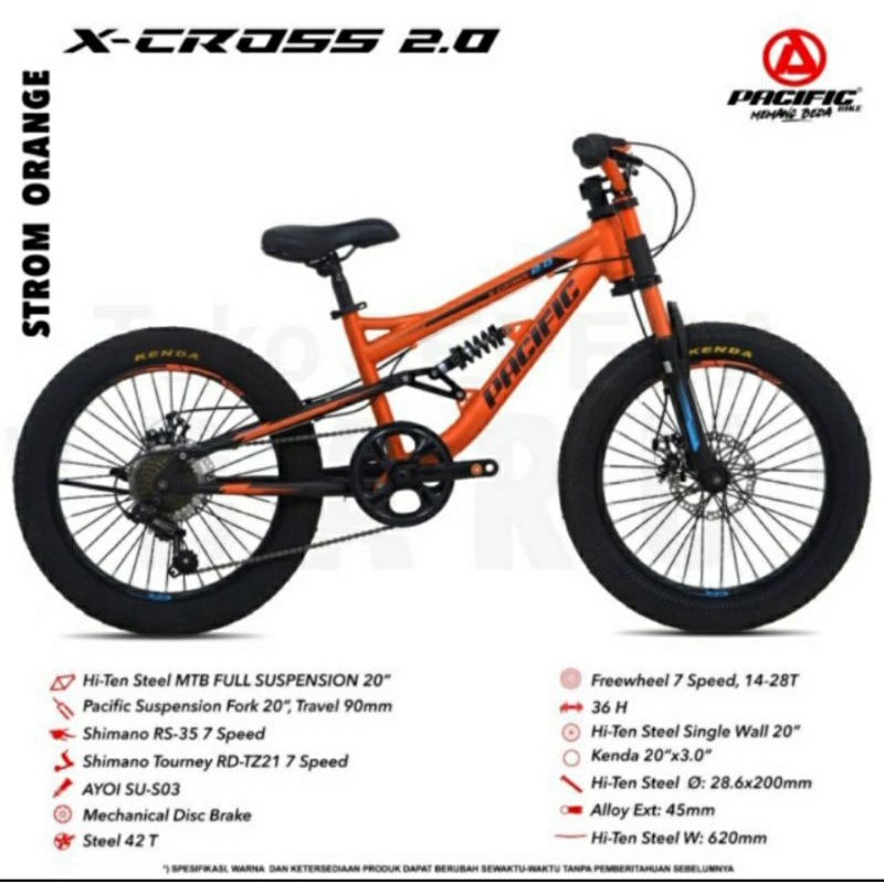 Sepeda Gunung Mtb 20 inch Pacific X Cross 2.0 7 Speed Shimano Double Disc Full Suspension