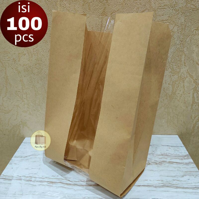 

Paperbag Kantong Kertas Roti Jendela Coklat XL 18x10x31 cm (isi 100 pcs)