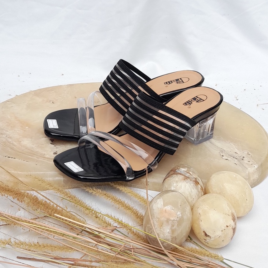 SW 99 Sandal Heels Kaca 5 cm / Hak Kaca wanita Karet Belakang Tali Jelly