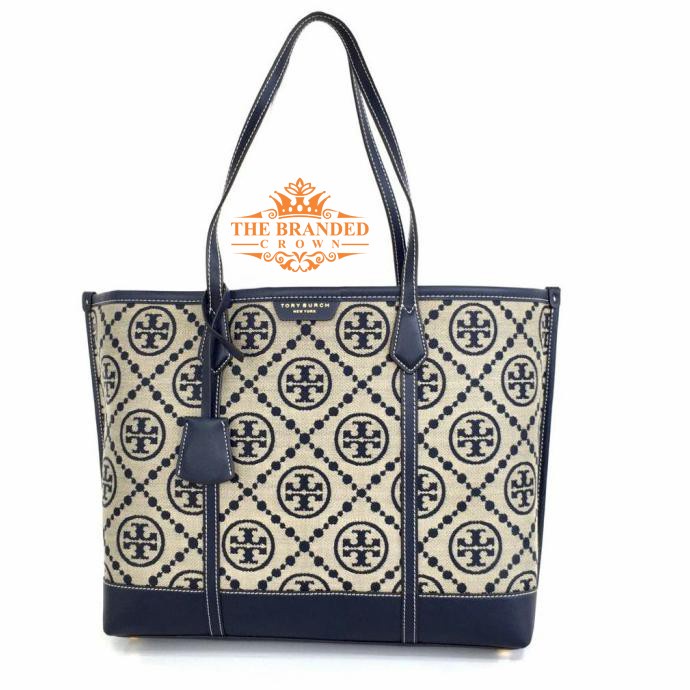Tas Tory Burch Perry Monogram Jacquard Triple-Compartment Tote Navy