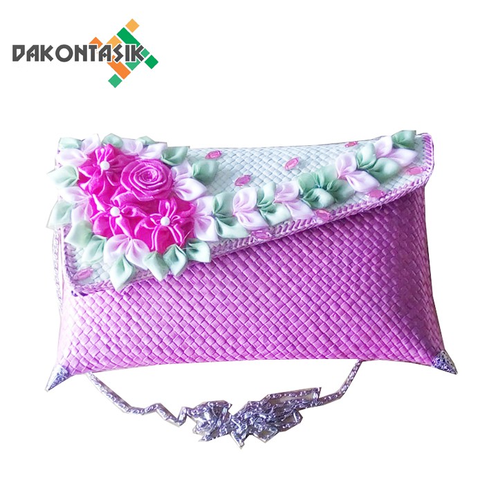 Clutch Pesta Miring Pandan 28x17cm Size Kecil Bunga Organdi