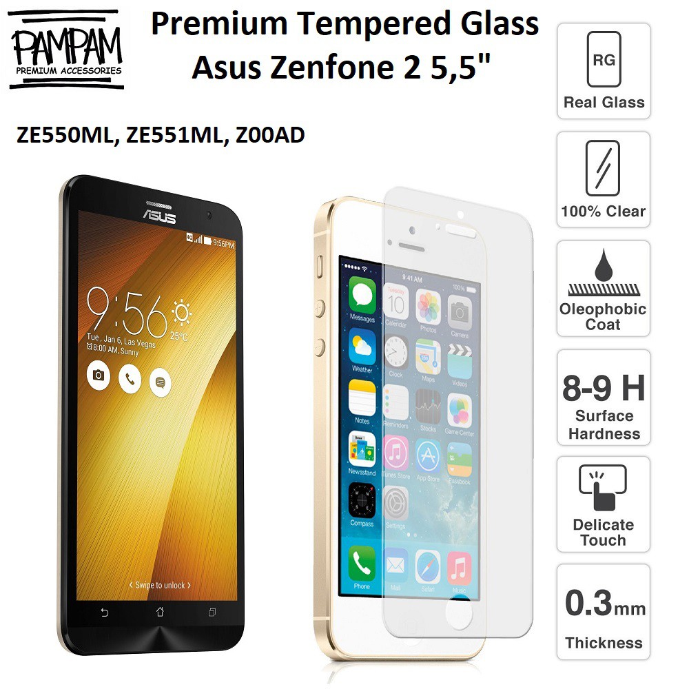 Premium Tempered Glass Asus Zenfone 2 5.5 Inch Inchi ZE550ML ZE551ML Z00AD ZE550KL 9H HP Anti Gores