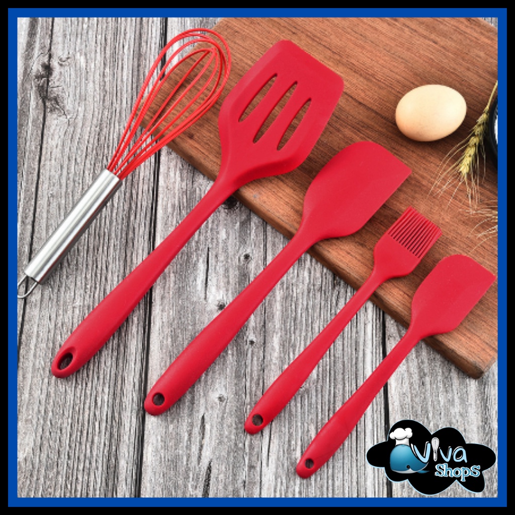 SPATULA SET ALAT MASAK 5 IN 1 SUTIL SCRAP KOCOKAN SILICONE /SPATULA SET SILIKON ANTI PANAS & LENGKET / Spatula Silicone KITCHEN UTENSIL SET 5 IN 1 / Spatula Set Alat Masak SIlikon Sutil Masak Set Silikon Penggorengan / Sutil Sodet Kuas Spatula Silikon
