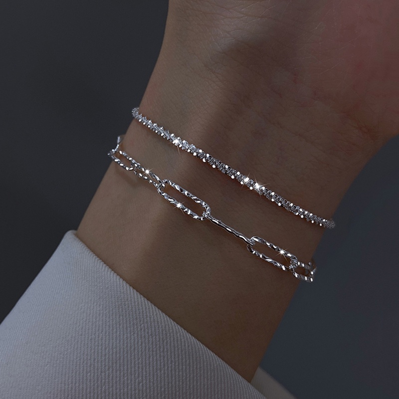 2pcs / Set Gelang Rantai Silver Multilayer Gaya Korea Untuk Wanita