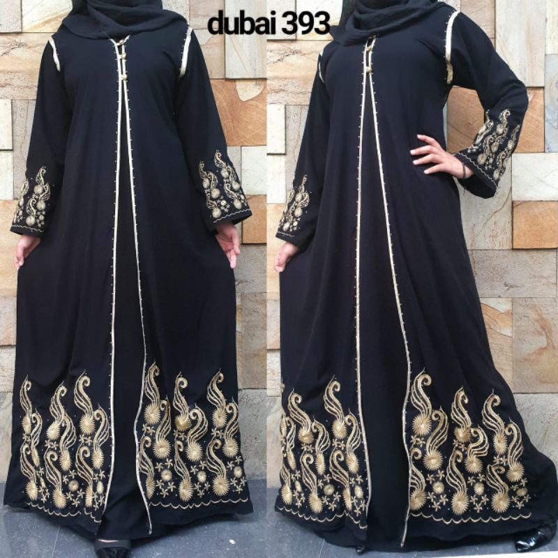 Baju Muslim Abaya Bordir Dubai 393 Gamis Wanita Dasar Hitam Kain Jetblack Saudi