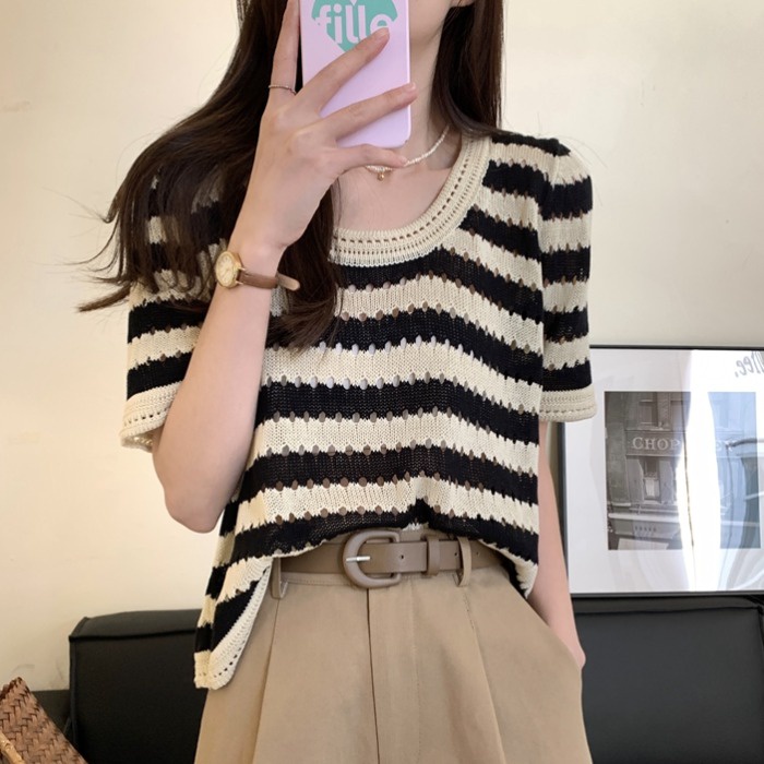 es sutra bergaris rajutan bahu depan lengan pendek t-shirt wanita musim panas desain tipis ceruk lon