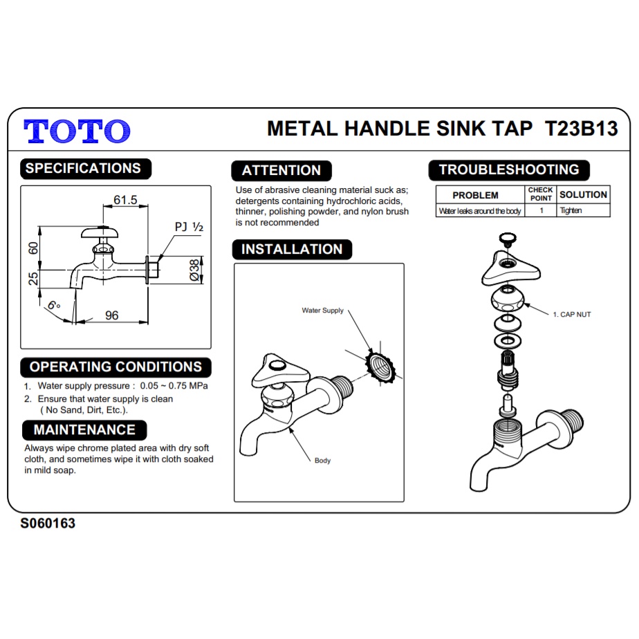 Toto Keran / Kran Tembok / Wall Tap 0.75 Mpa / T23b13