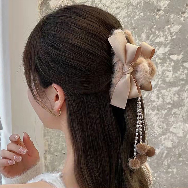 COD❤️Klip Rumbai Mewah Hiu Hiasan Kepala Jepit Rambut Besar Pita Bulu Lembut Korean Fashion Wanita Jepit Gantungan Lucu-A.one