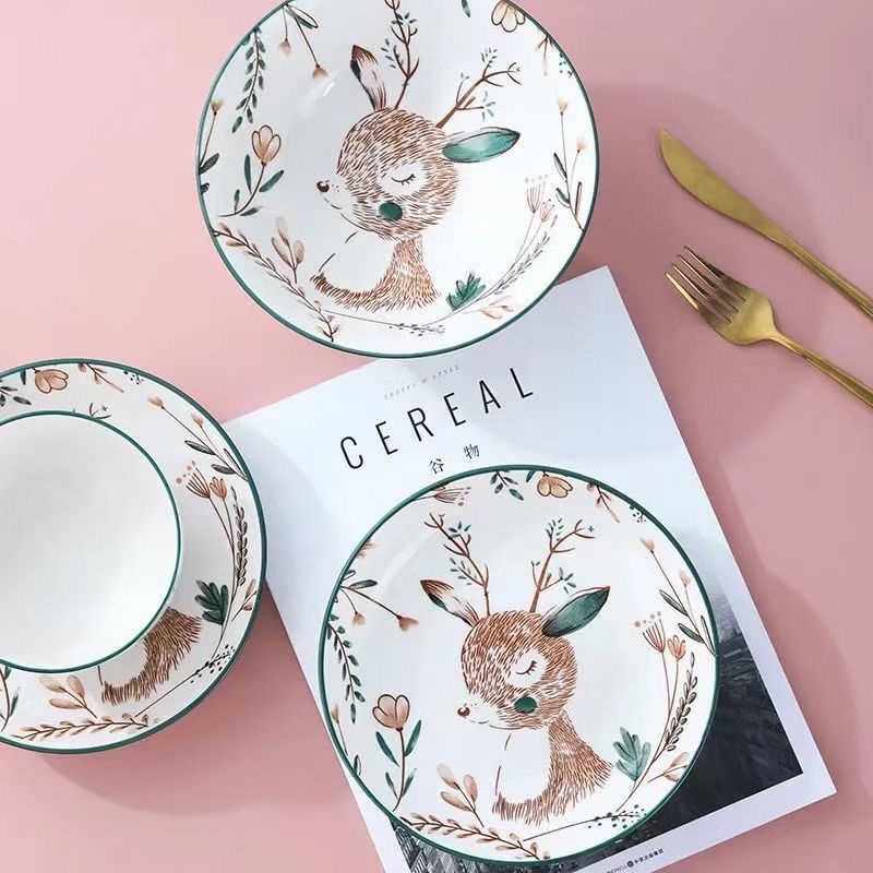 PIRING KERAMIK 8 INCH DEER FOOD PLATE PIRING MAKAN VARIASI MOTIF-Deer Plate 8 inch