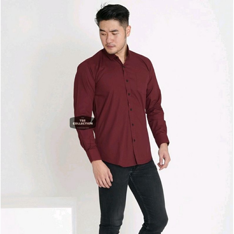 kemeja lengan panjang maroon polos