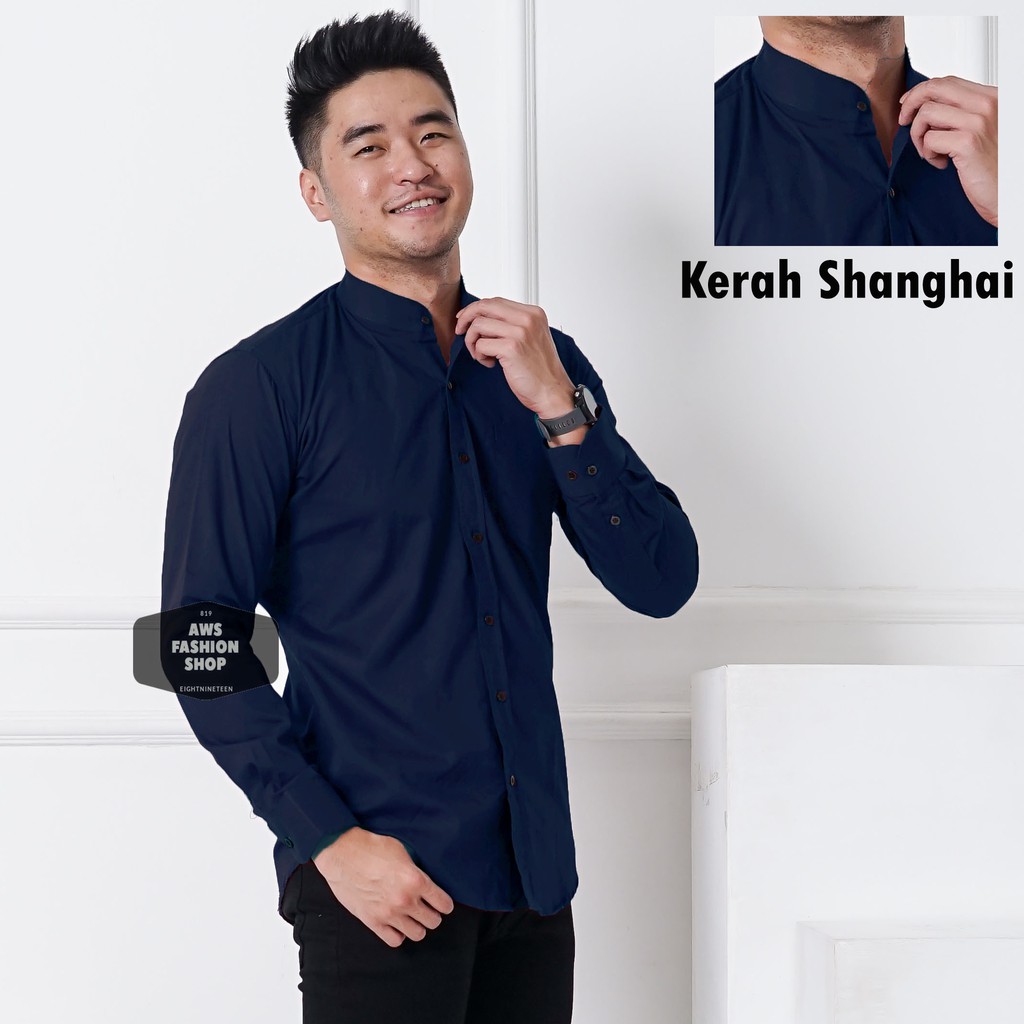 Kemeja Pria Lengan Panjang Polos Biru Navy Dark Blue Kerah Shanghai Koko Polos Slimfit Casual
