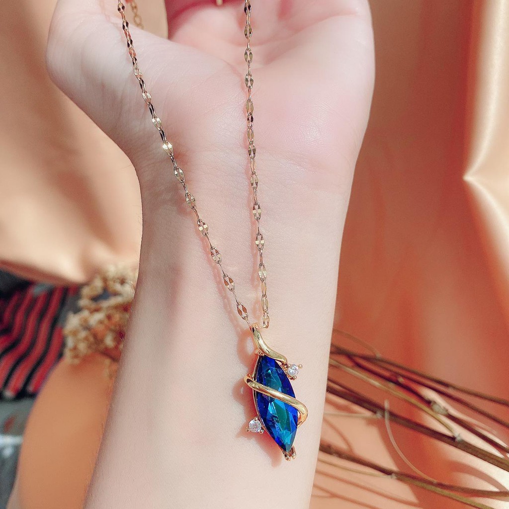 kalung fashion wanita titanium asli anti karat korea style model liontin blue safir zirconia