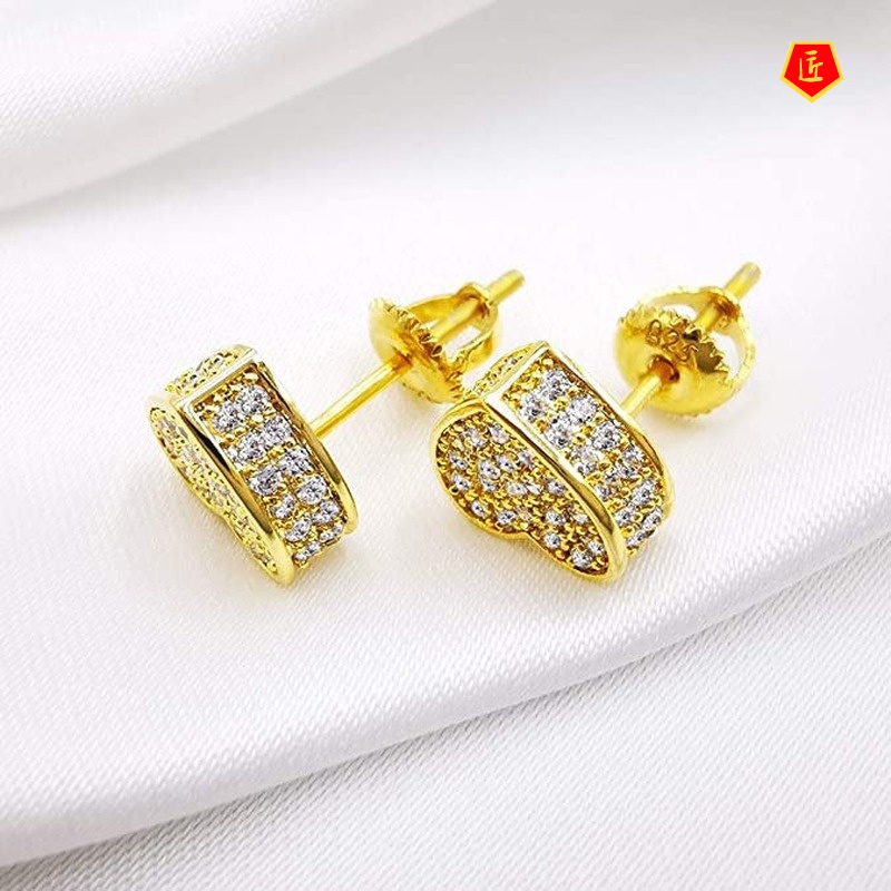 [Ready Stock]18K Gold Micro-Inlaid Diamond Heart-Shaped Ear Studs