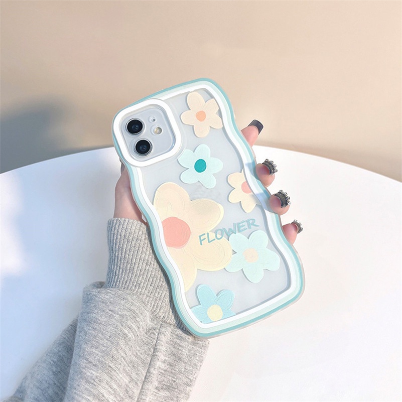 Soft Case Silikon Transparan Motif Bunga Hijau Untuk Compatible for iPhone 14 13 12 11 Pro Max X Xr Xs Max SE iPhone 8 7 6 6s Plus Flower Green Wave Edge Clear Phone Case Soft Silicone Shockproof Phone Protective Cover