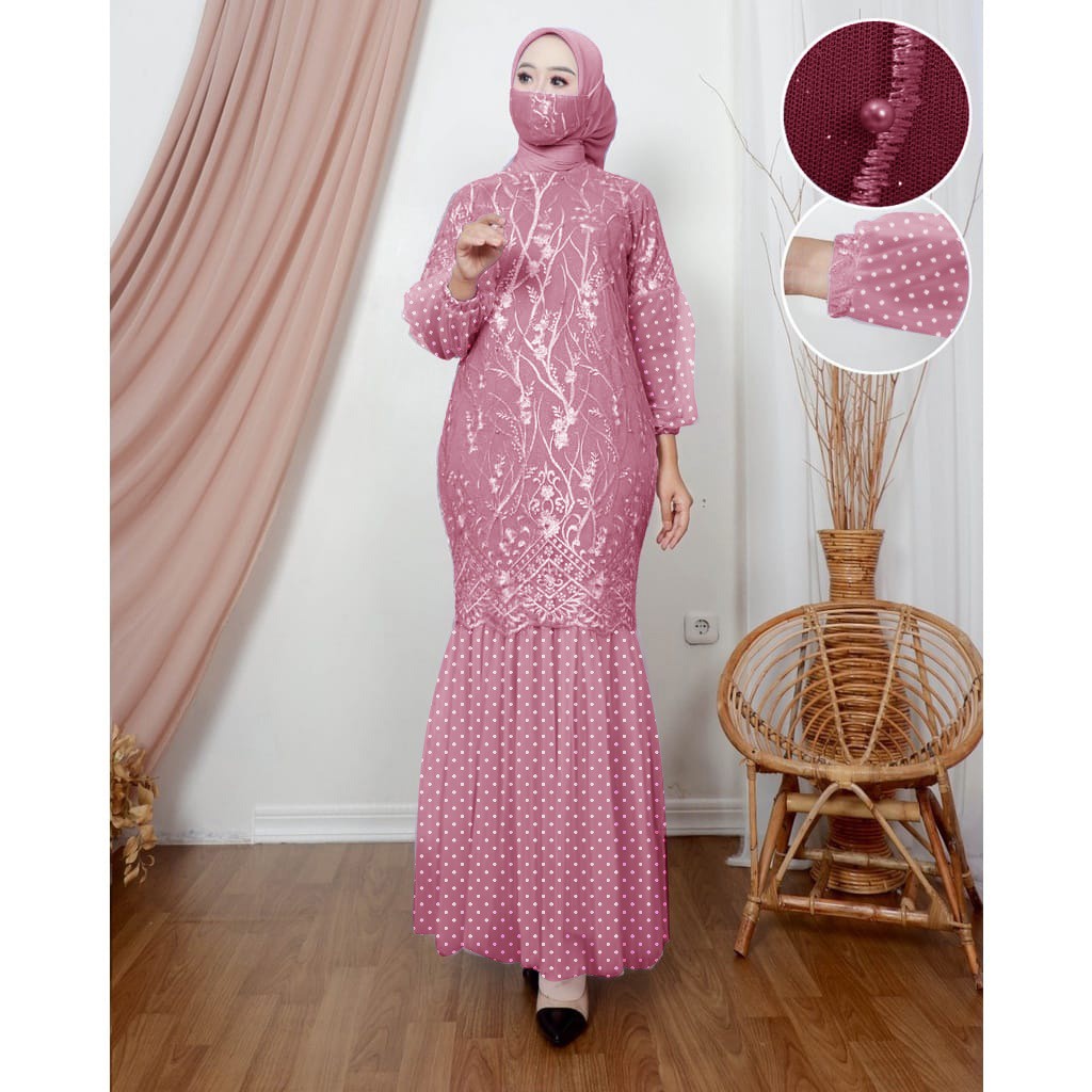 MAXI MERISKA BROKAT MUTIARA FREE MASKER/ DRESS PARTY/GAMIS TILE MUTIARA TERBARU GOOD QUALITY