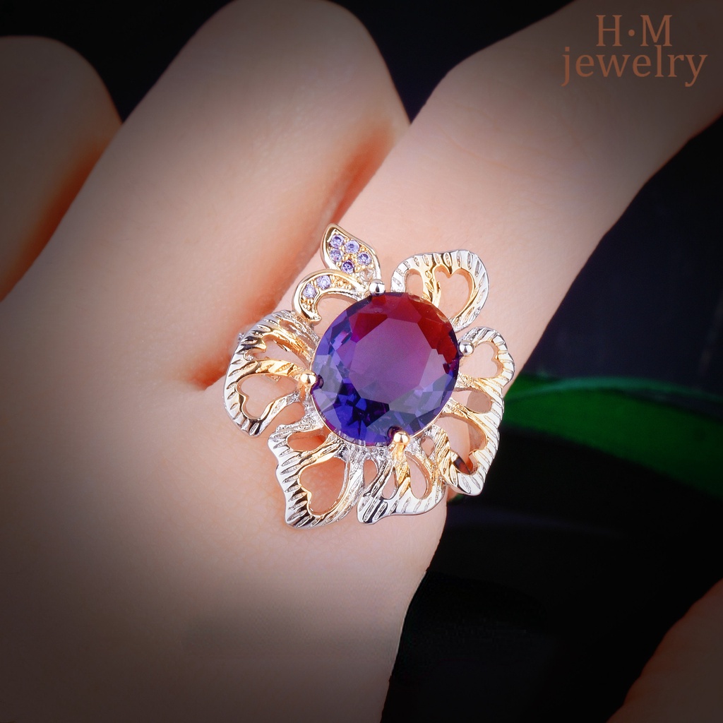 Cincin Emas Model Terbuka Desain Bunga Aksen Batu Permata Amethyst Dua Warna