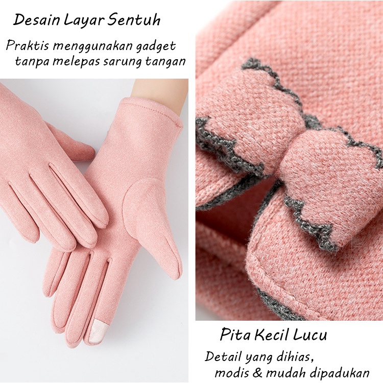 Sarung Tangan Simple Wanita Pita Cantik Lucu Korean Version Women Gloves Full Finger Touchscreen