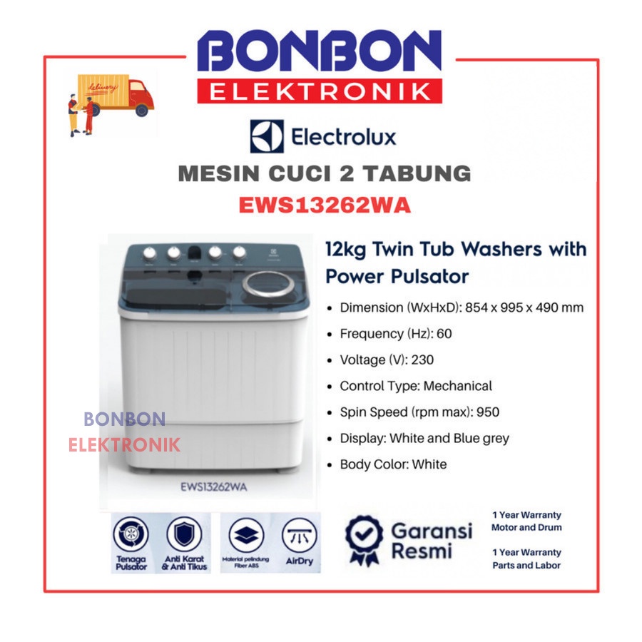 Electrolux Mesin Cuci 2 Tabung 12KG EWS13262WA / EWS 13262 WA / 13262WA